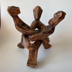 Vintage Wooden Interlocking Sculpture: Unity Trio, African, Hand Carved